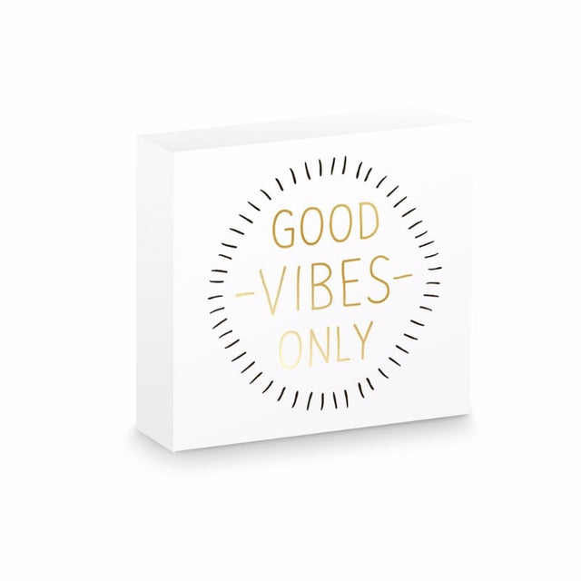 Good Vibes Wooden Block Art with bold black and gold print, perfect for tabletop display or wall mounting, 15 x 15 x 3 cm.