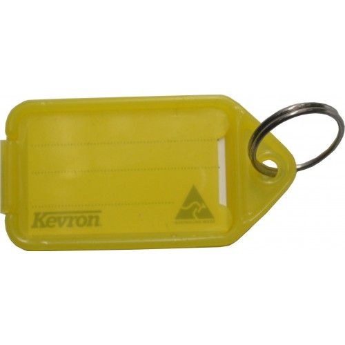 Giant yellow key tag made from durable plastic with customizable insert label for easy key identification.