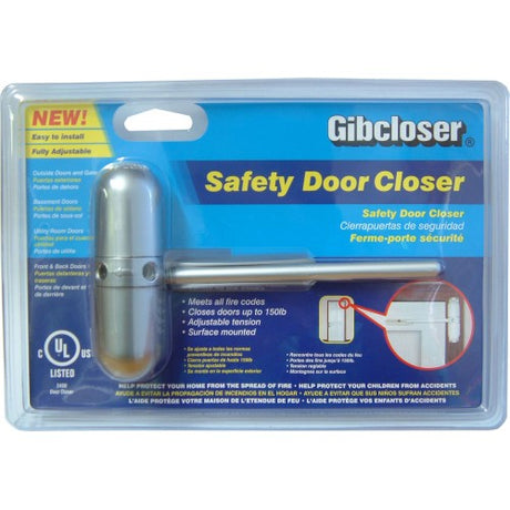 Satin Chrome Door Closer Original Gibcloser, adjustable for smooth closing, suitable for all door types up to 68kg.