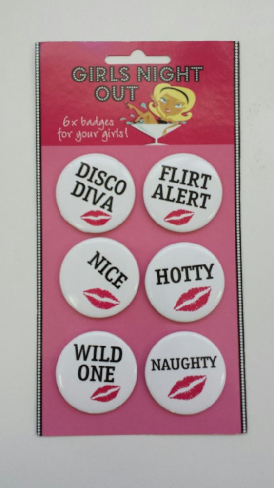 Colorful Girls Night Out badges, perfect for hens nights, measuring 4cm to enhance your festive celebrations.