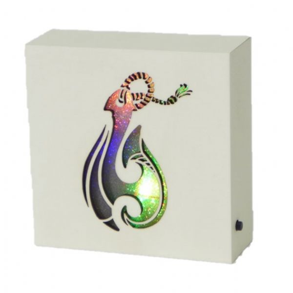 Kiwiana Fish Hook Cream LED Block featuring a hei matau design, symbolizing strength and prosperity, perfect for home decor.