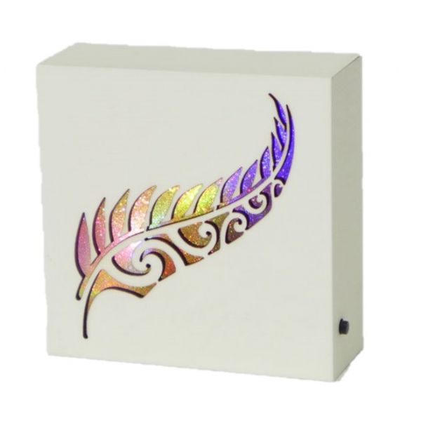 Kiwiana Silver Fern Cream LED Block, 12x12x3.9 cm, showcasing a glowing Silver Fern, symbolizing New Zealand's heritage.