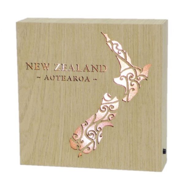 Handcrafted wooden LED block featuring "Aotearoa," symbolizing New Zealand's culture, measuring 15x15x4 cm.