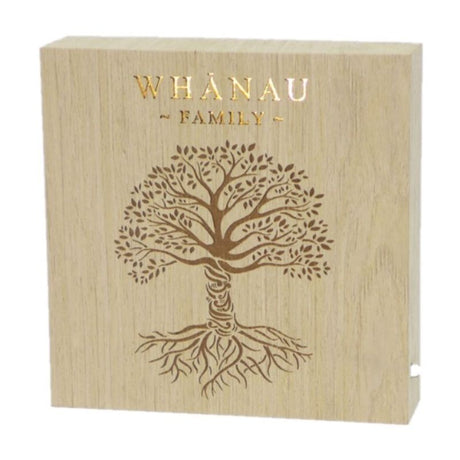 Whanau Family Wooden LED Block in natural wood, H:15 x W:15 cm, softly illuminating family connections and warmth.