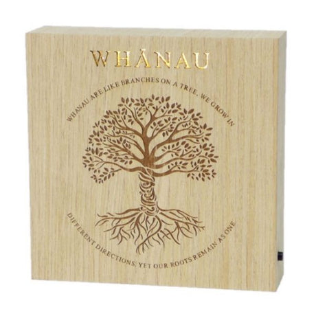 Natural wooden LED block with "Whanau" saying, measuring 15x15x4 cm, symbolizing family unity and togetherness.