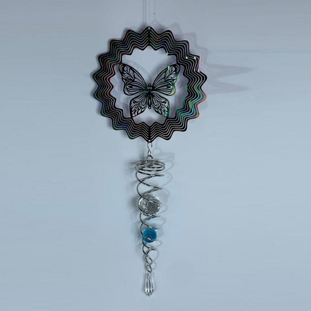 Colorful 3D butterfly wind spinner with vortex feature, enhancing outdoor decor with motion and light effects in gardens.