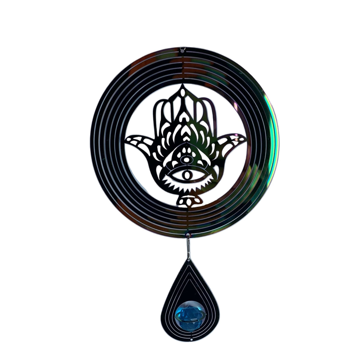 Hamsa 3D Wind Spinner reflecting light beautifully, with a unique design and mesmerizing visual effects for outdoor tranquility.