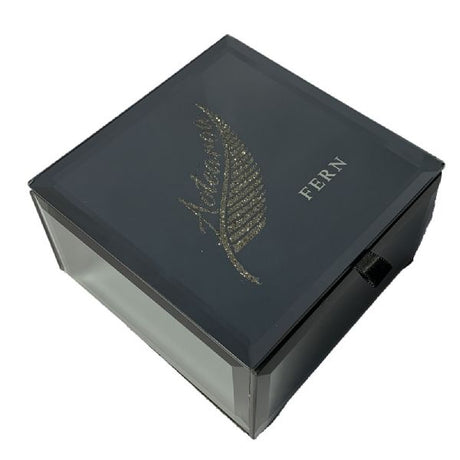 Kiwiana Fern Aotearoa Trinket Box featuring a silver fern design, felt-lined storage for jewelry, 6.5x11x11.5 cm.