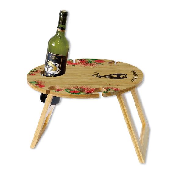 Outdoor bamboo wine table with fish hook design, holds one bottle and four glasses, perfect for picnics and beach outings.