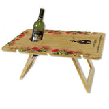 Outdoor bamboo wine table with fish hook design, holds wine and glasses, ideal for picnics and beach trips.