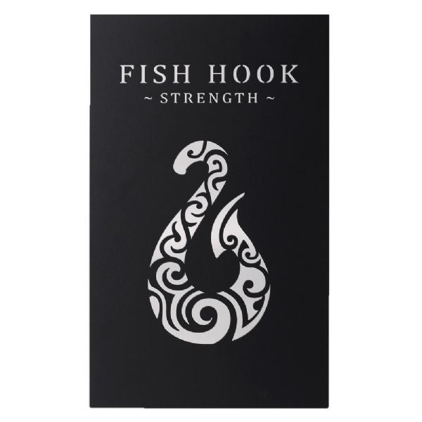 Black metal fish hook wall art, measuring 55x33 cm, symbolizing strength and good luck, ideal for coastal decor.