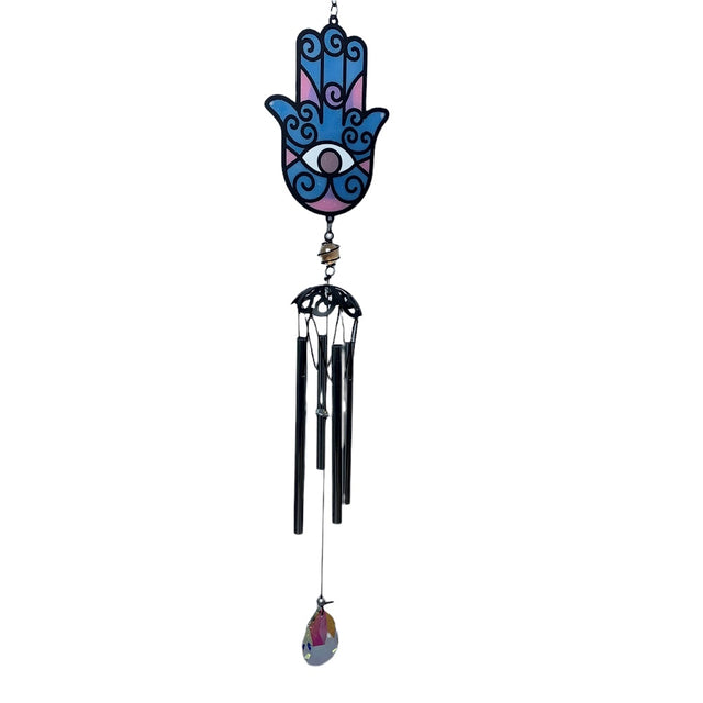 Hamsa Wind Chime 25" with soothing tones, garden decor, symbol of protection, ideal for relaxation and gifting.