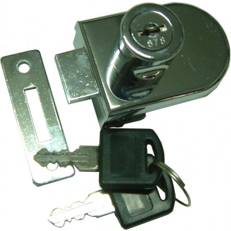 "Chrome plated swinging glass door lock, designed for cabinets, enhancing security and style with easy installation."