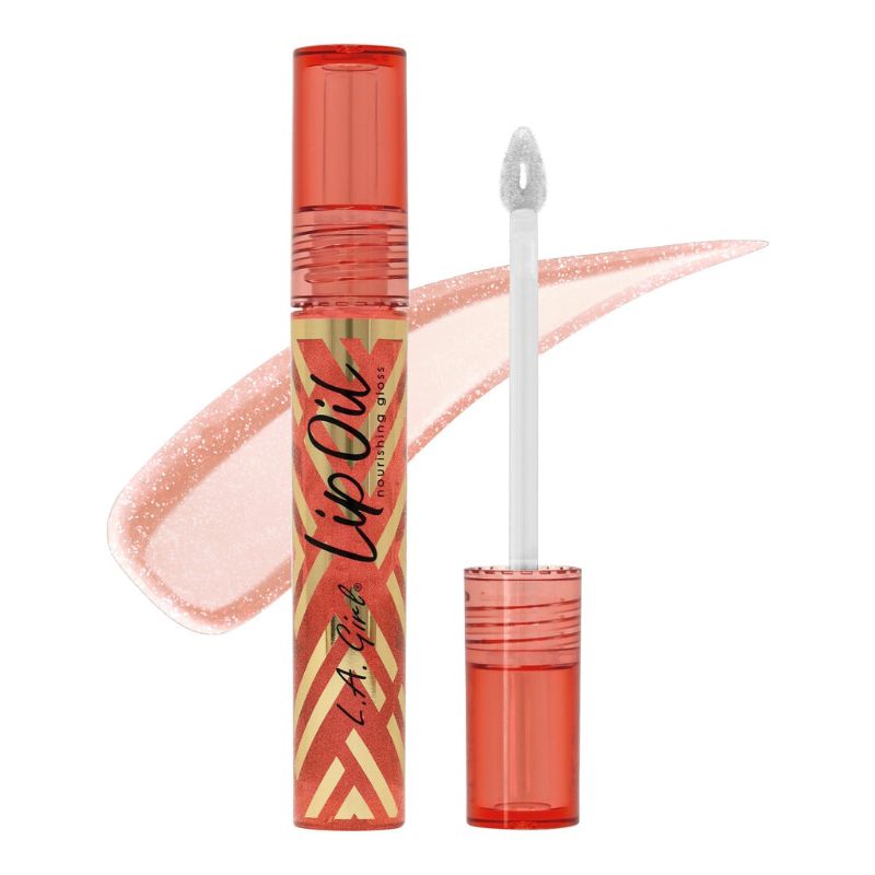 Nourishing lip oil gloss infused with rosehip, vitamin E, for soft, shiny, and hydrated lips in various shimmering shades.