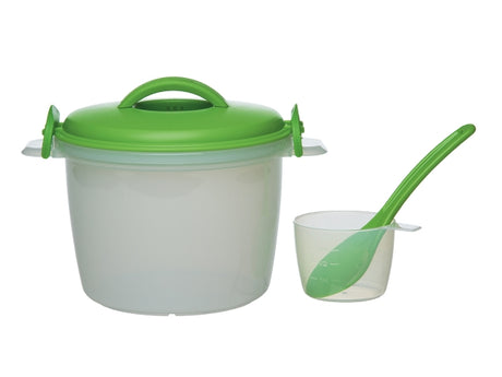 Microwave Rice Cooker Set by Progressive, featuring a vented lid, BPA-free materials, and measuring cup for easy grain cooking.