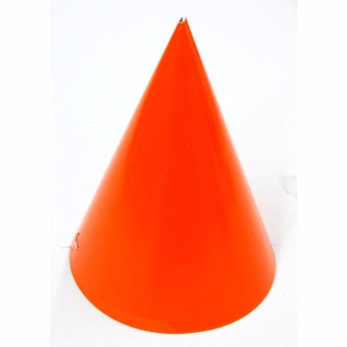 Bright orange cone-shaped party hats, perfect for celebrations and events; pack of 6, made from lightweight, durable paper.