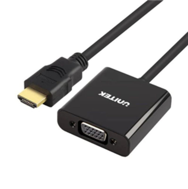 HDMI to VGA converter supporting 1080P resolution, with plug and play design and optional power for enhanced performance.