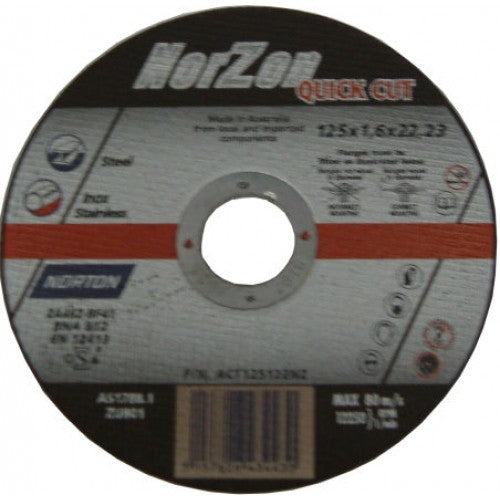 Grind Cut-Off Disc Norzon Norton, 125x1.6x22mm, designed for precise stainless steel and metal cutting with reduced heat and vibration.