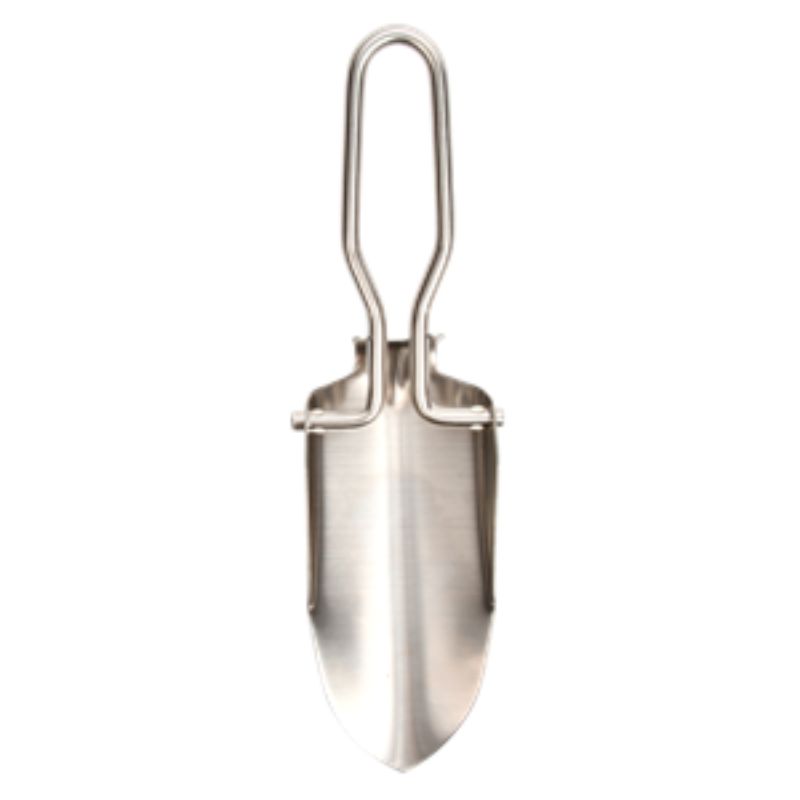 Foldable stainless steel hand shovel for efficient potting, compact storage, and ideal for small gardening tasks.