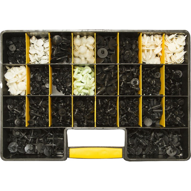 Assorted GTi 800 PC trim clips in a durable case, featuring 800 pieces for GMH, Ford, Japanese, and Korean vehicles.