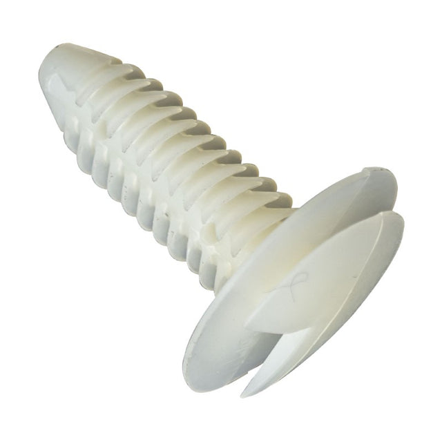 GTi Trim Clip White, 19.5mm x 29mm, designed for secure automotive fittings with a 6.6-7.5mm hole, ideal for GM 363137.