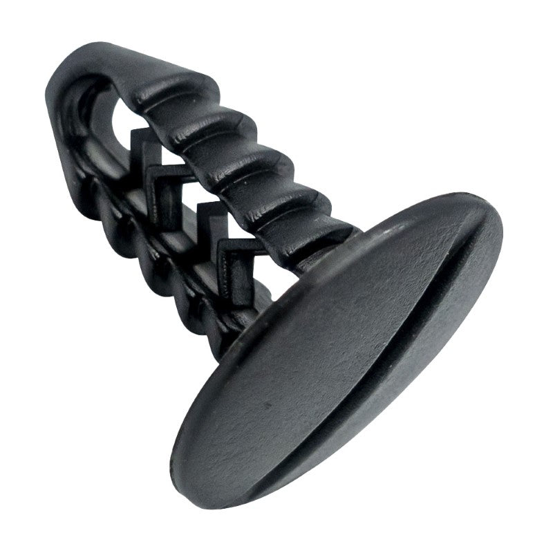 GTi Push Retainer in matte black, 21mm x 24mm with a 9.5mm hole, ideal for securing vehicle trim components. Pack of 30.