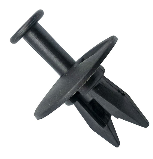 Matte black GTi push rivets, 25mm x 23.3mm with 9.5mm hole, ideal for automotive and DIY projects, pack of 30.