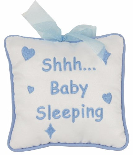 Soft blue door hanger with 'Shhh... Baby Sleeping' message, perfect for nurseries to ensure peaceful sleep for babies.