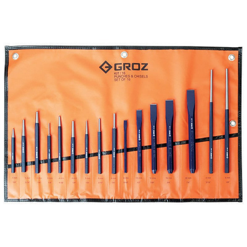 Groz 16pc Punch & Cold Chisel Set in a vinyl roll, featuring various chisels and punches for precision work.