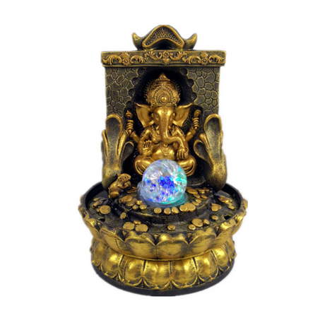 Wealth Ganesh idol with rolling ball water feature, vibrant lights, promoting prosperity and tranquility at home.