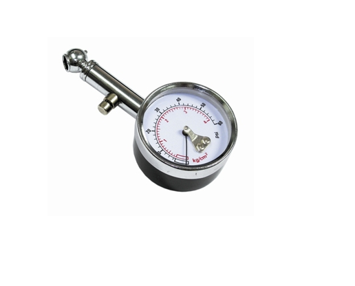 Dial Tyre Gauge Metal 60PSI, with easy-to-read dial, pressure release, angled head, and shock-resistant design, in carry case.