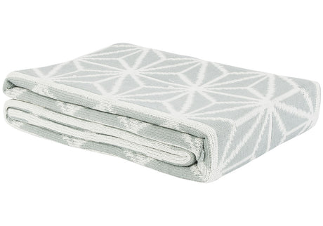 Stylish Grey/White Geo Knit Throw featuring a modern geometric pattern, soft acrylic fabric, and reversible design for versatile decor.