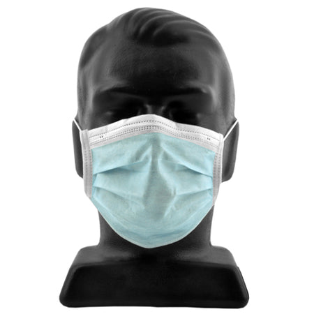 Blue disposable face masks, 3-ply, earloop style, 50 units per box, certified CE, ISO, FDA.