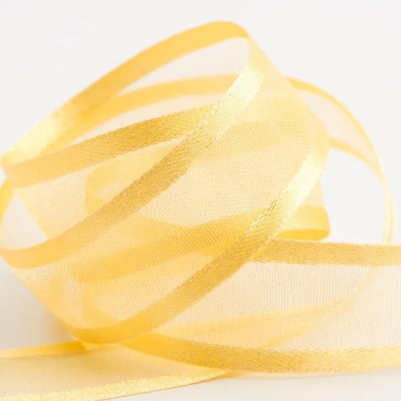 Gold organdy satin edge ribbon, 23mm wide, 20m long, perfect for elegant gift wrapping and DIY crafts.