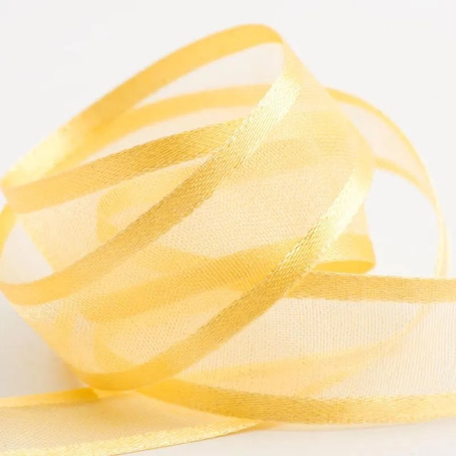 Gold organdy satin edge ribbon, 23mm wide, 20m long, perfect for elegant gift wrapping and DIY crafts.