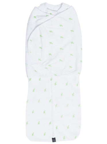 Dreamswaddle in Green Criss-Cross, a soft cotton wrap for secure, comforting sleep for babies 15-22 lbs.