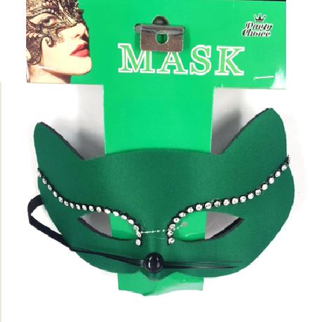 Green Cat Lady masquerade mask with sparkling diamantes, comfortable fit, and black satin ribbon for easy adjustments.