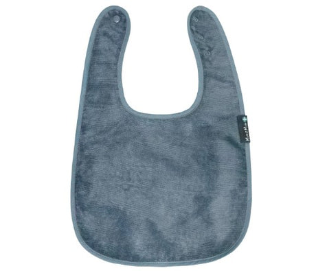 Grey feeding apron with back opening, 100% cotton, stain-resistant, adjustable fit, and waterproof layer for mess-free meals.