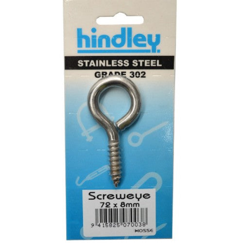 Durable 72mm stainless screweye from Hindley, resistant to rust, perfect for hanging and securing items indoors and outdoors.