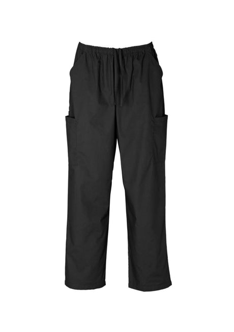 Unisex 2XL black cargo scrubs pants with multiple pockets, elastic waist, and soft, stretchy fabric for comfort at work.