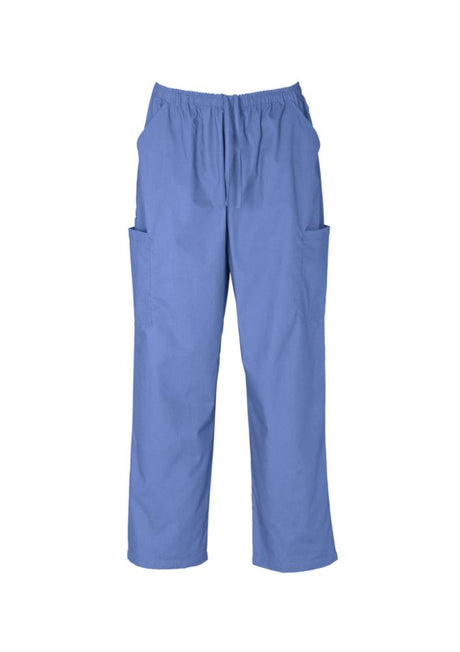 Unisex 3XL mid blue scrubs cargo pants with elastic waist, multiple pockets, and soft-touch, breathable fabric by Biz Collection.