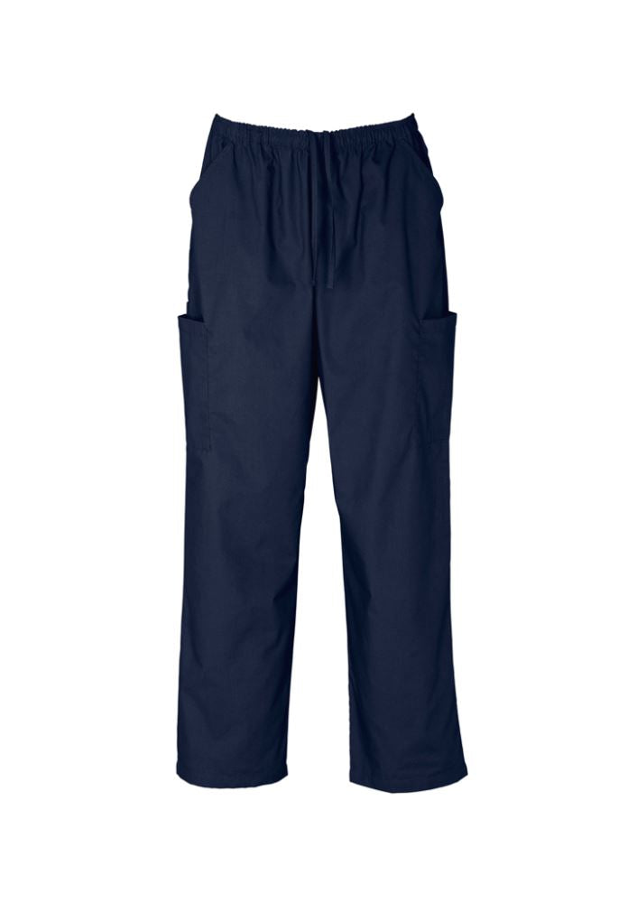 Unisex navy scrubs cargo pant in size 2XL, featuring elastic waist, multiple pockets, and soft stretch fabric for comfort.