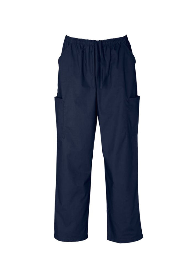Unisex navy scrubs cargo pants, size XS, featuring elasticated waist, multiple pockets, and soft comfort fabric for healthcare professionals.
