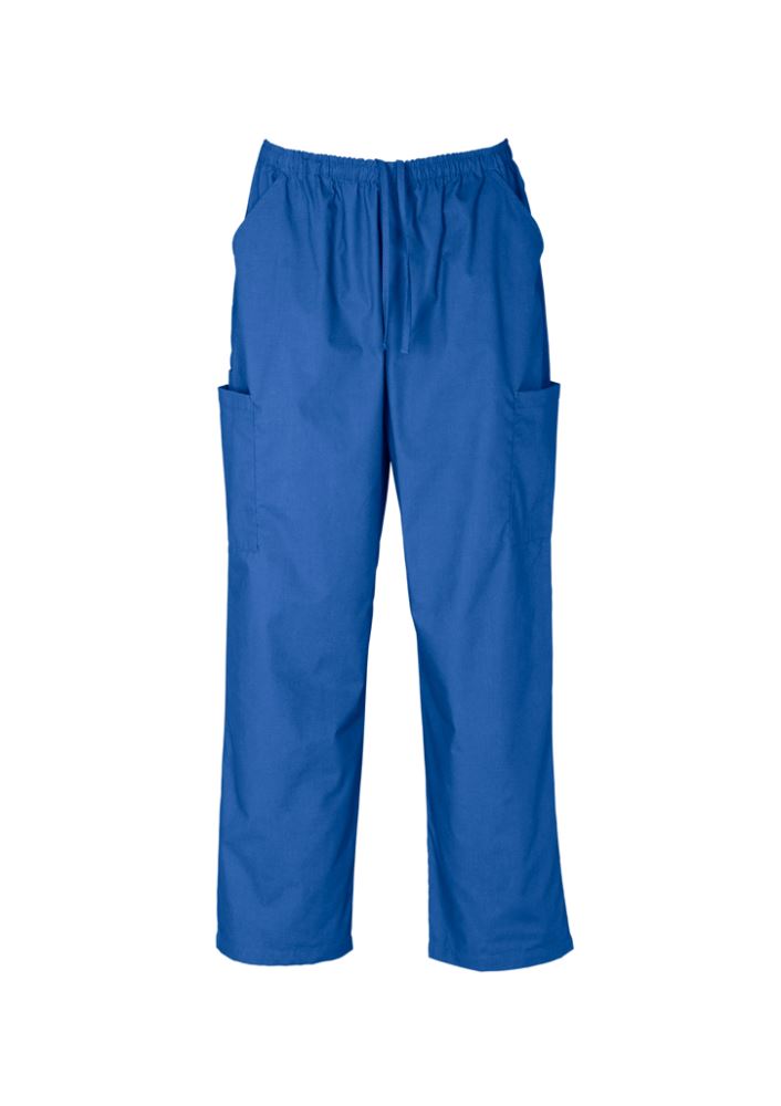 Unisex 2XL royal blue scrubs cargo pant with elastic waist and multiple pockets, ideal for comfort in medical settings.