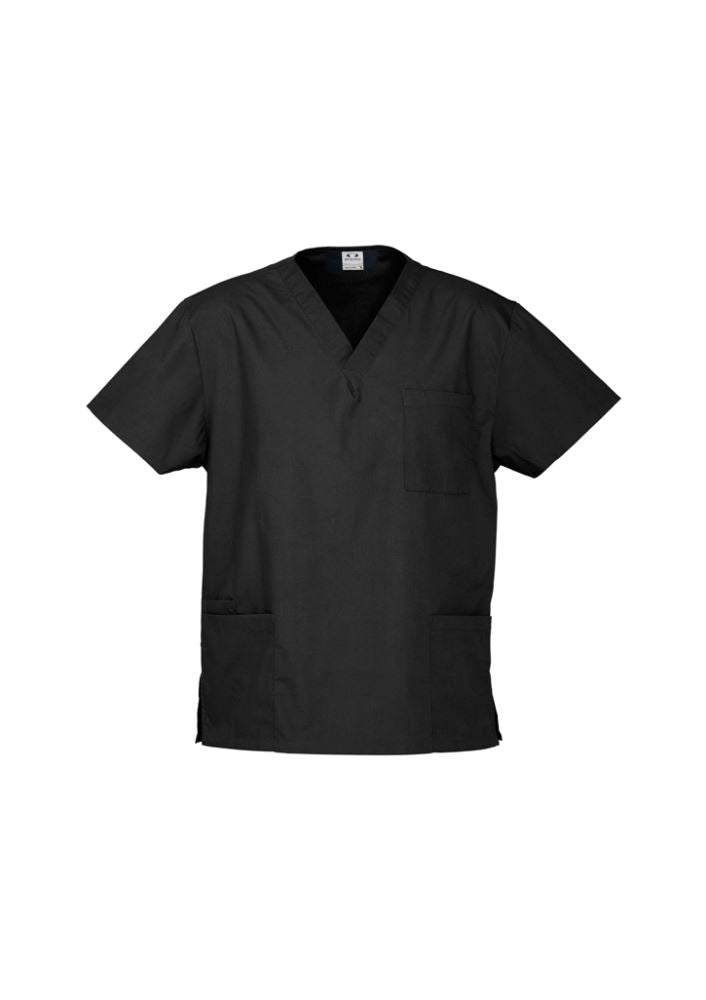 Unisex black classic scrubs top (size S) featuring soft stretch fabric, multiple pockets, and durable design for healthcare professionals.