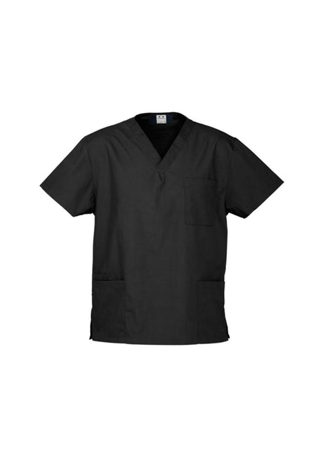Unisex Classic Black Scrubs Top (Size XS) with pockets, made from soft, stretchy polyester-cotton blend for comfort.