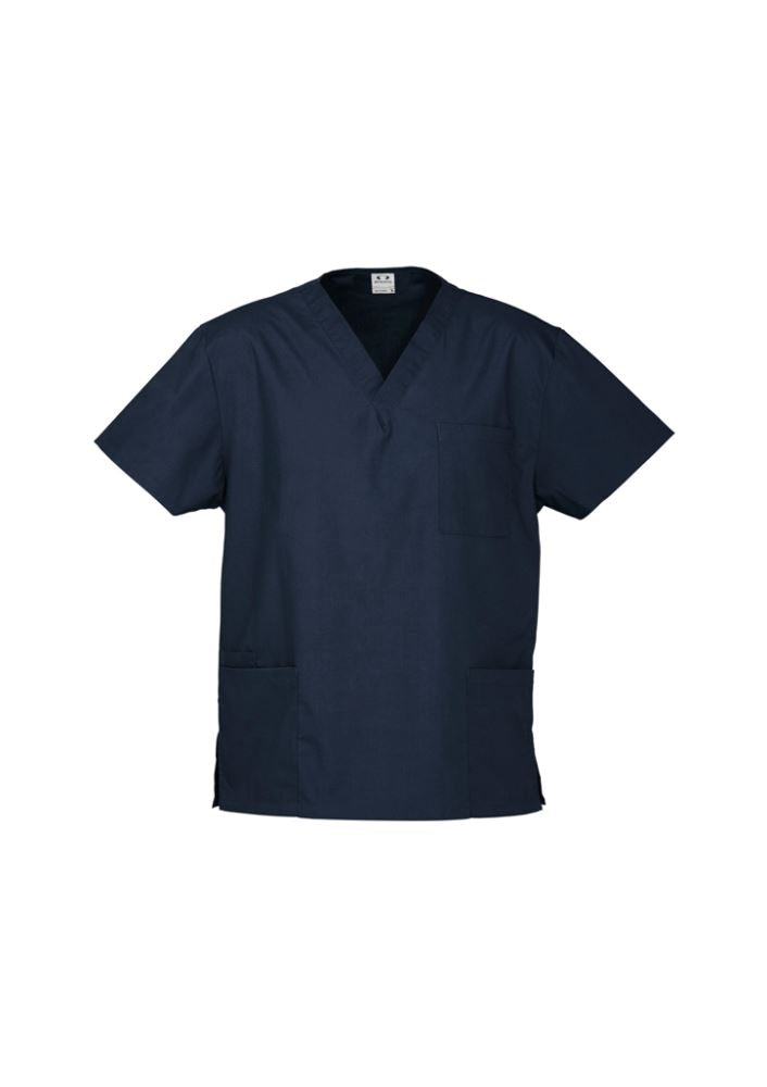 Unisex navy scrubs top in size 2XL with pockets, made from soft-touch polyester-cotton blend for comfort and durability.