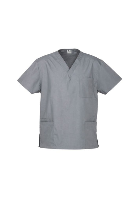 Unisex pewter scrubs top in size S with soft-touch fabric, natural stretch, and multiple pockets for healthcare professionals.