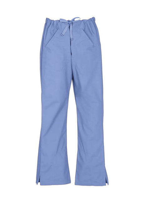 Mid Blue bootleg scrubs pants in 3XL with soft stretch fabric, two front pockets, and elastic waistband for comfort.