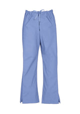 Mid Blue bootleg scrub pants for women, featuring soft polyester-cotton blend, elastic waistband, and functional pockets.
